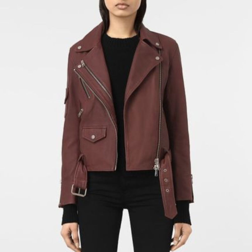 ALL SAINTS HARLAND LEATHER JACKET BORDEAUX RED